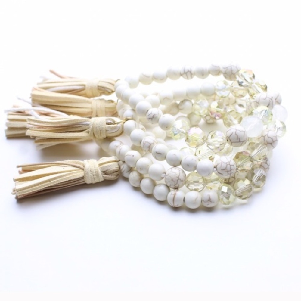 Beaded ivory stretchy boho bohemian tassel bracelet